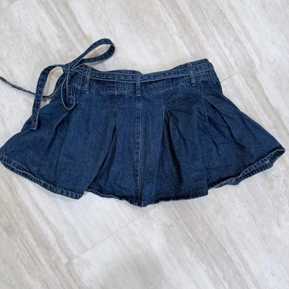 American Eagle Denim Mini Skort Dark Wash Pleated Tie Waist Size 0